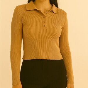 (S) Camel Ribbed Cropped Polo Sweater (Forever 21)